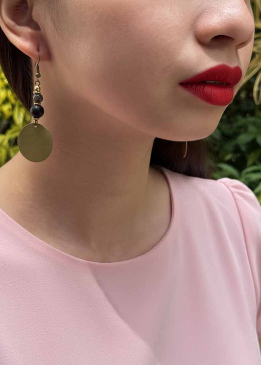 Brass & Black Onyx Dangle Earrings - Shadow Disc