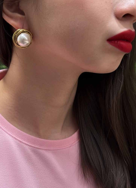 Golden Pearl Studs Earrings - Pearl Orbit Studs