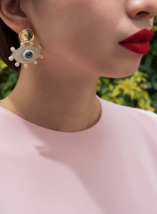 Evil Eye Pearl Drops Earrings - All-Seeing Grace