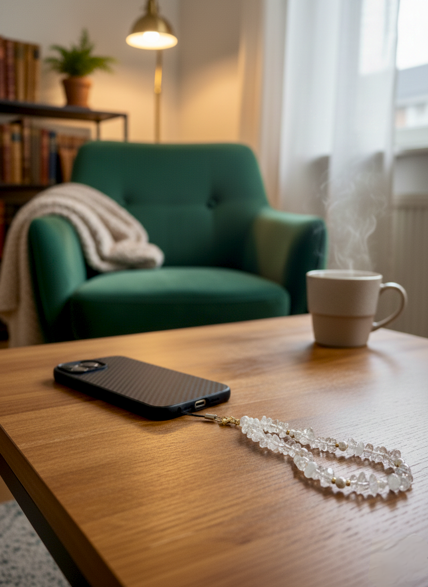 White crystal phone charm for clarity and cleansing