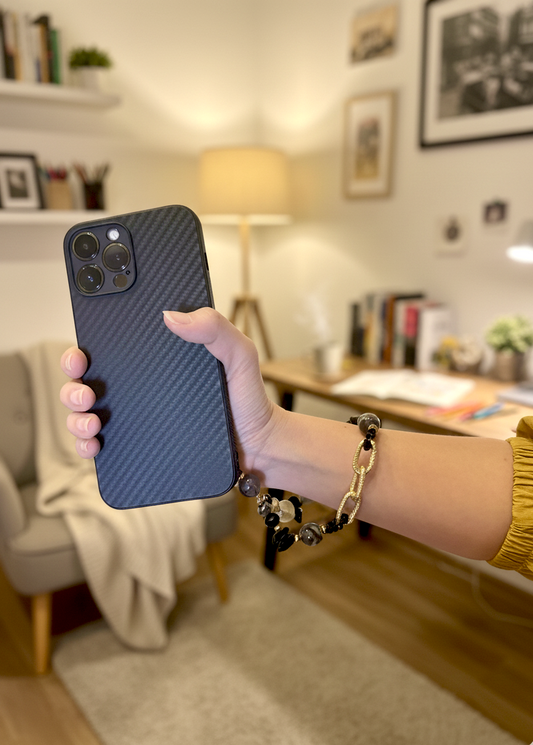 Black Agate crystal phone charm with gold chain accent