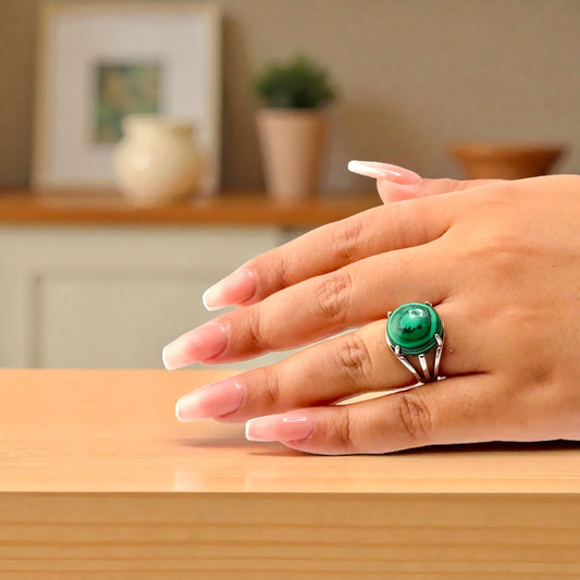 silver malachite cabochon ring