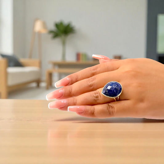 gold plated blue stone teardrop ring