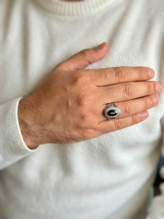 Close up of Black Agate gemstone ring on a man’s hand