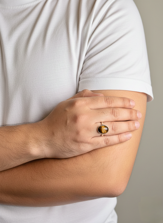 Close up of Tiger Eye gemstone ring on a man’s hand