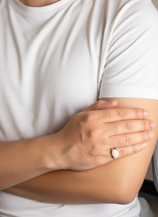 Close up of White Agate gemstone ring on a man’s hand
