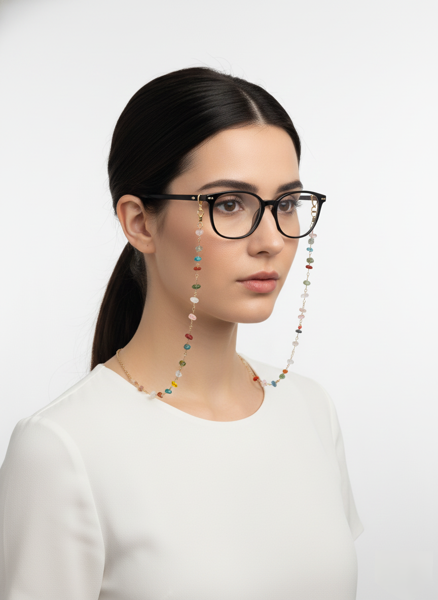 Woman wearing glasses with a colorful chain, against a white background