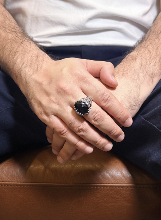 Faceted Black Onyx Male Ring – Deep Black Natural Stone with Silver Finish