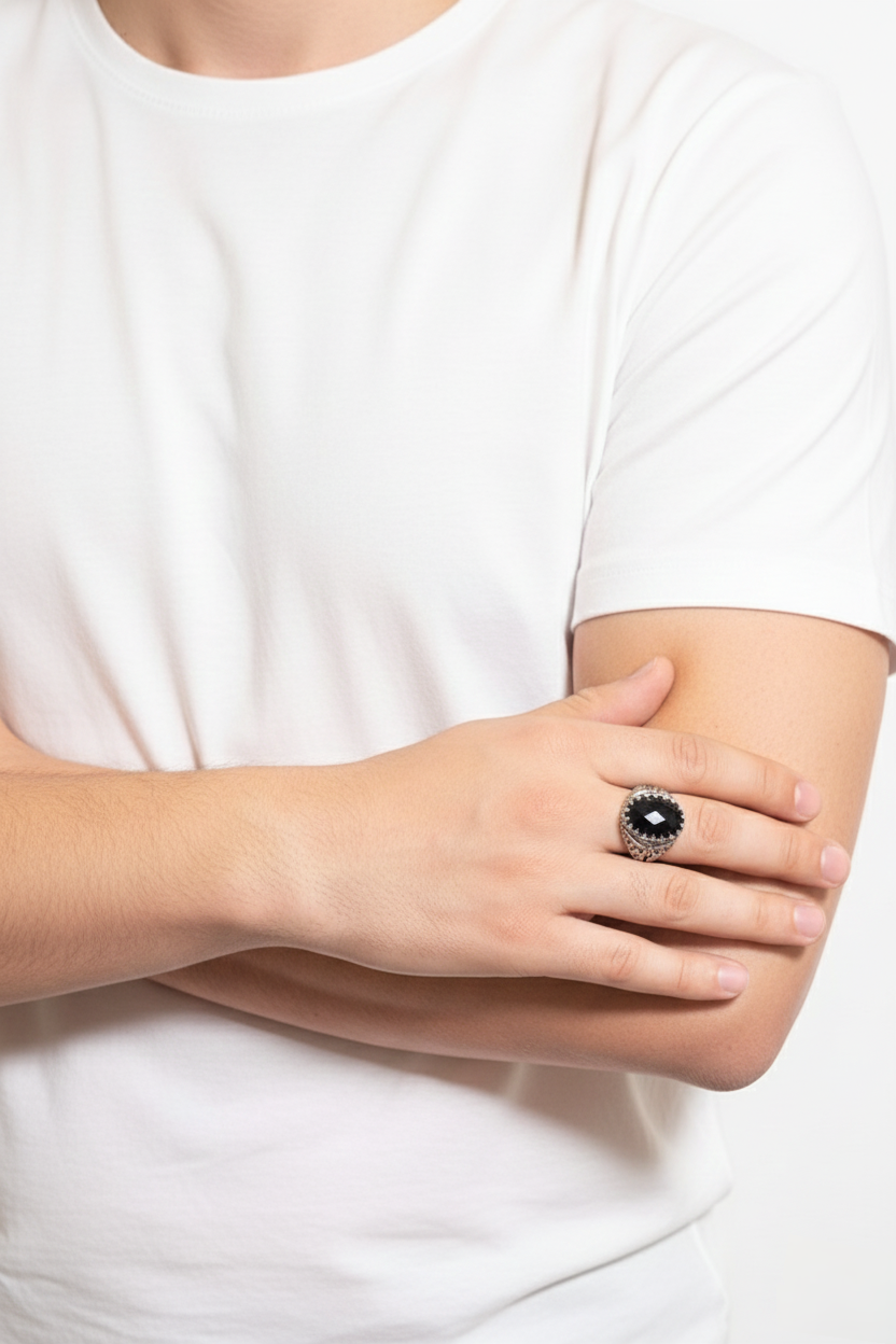 Faceted Black Onyx Male Ring – Deep Black Natural Stone with Silver Finish