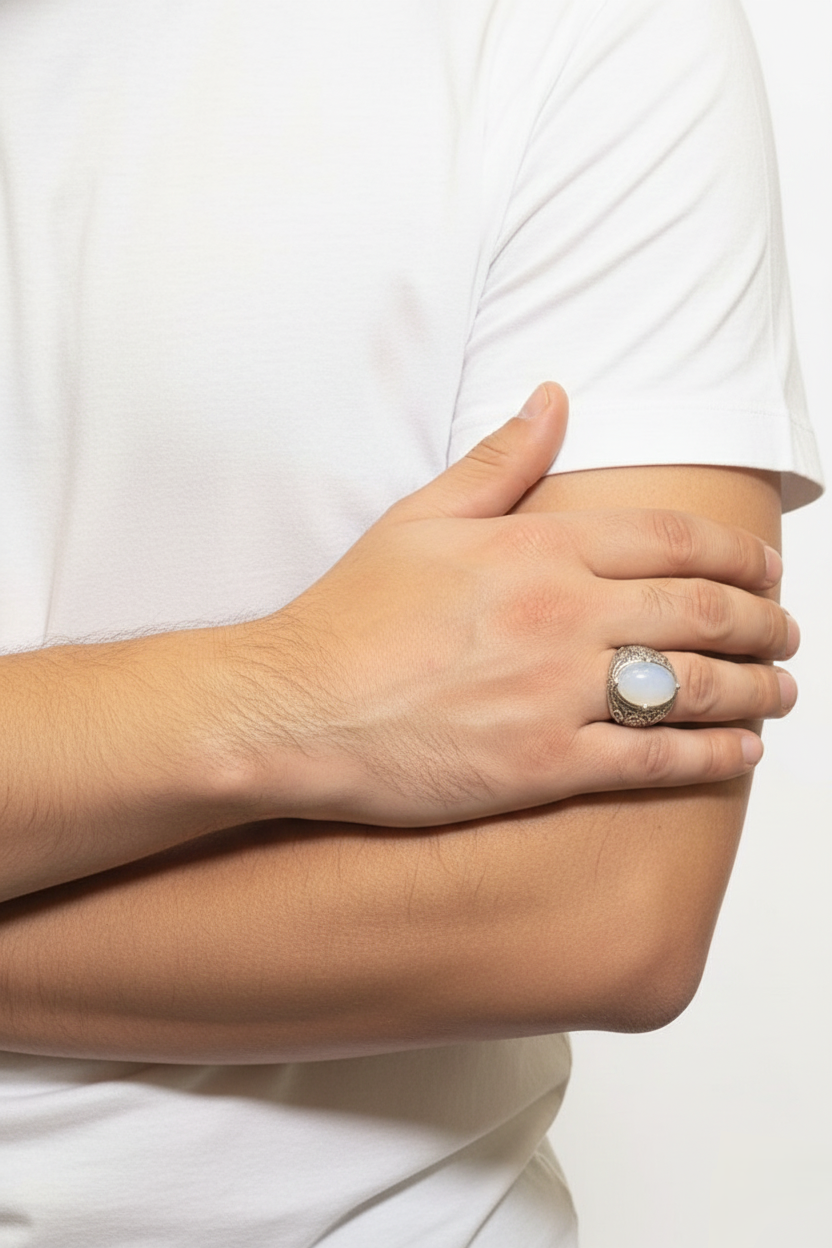 Rounded Moonstone Male Ring – Milky White Natural Stone with Silver Finish