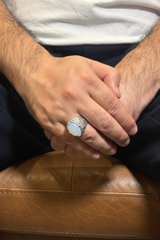 Rounded Moonstone Male Ring – Milky White Natural Stone with Silver Finish