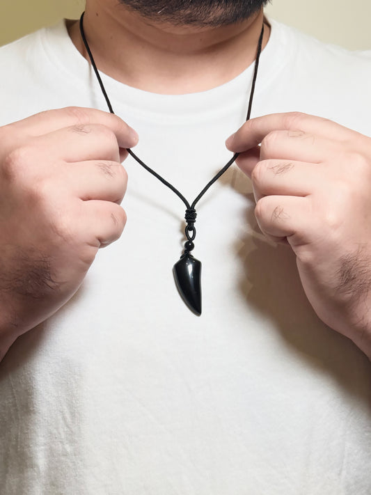 Black Obsidian Point Pendant Men’s Necklace – Natural Black Stone Necklace