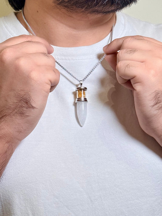 Clear Quartz Bullet Pendant Necklace with Citrine Chips – Men’s Silver Tone Chain