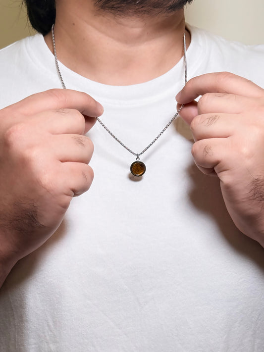 Men’s Silver Chain Necklace with Round Brown Agate Stone Pendant – Minimalist Pendant Necklace