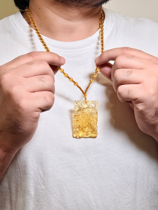 Men’s Gold Bead Necklace with Amber Stone – Rectangular Amber Pendant Statement Necklace