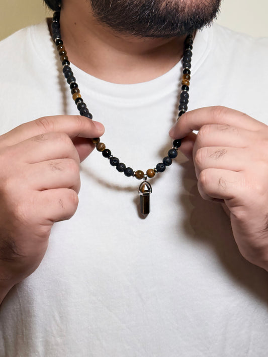 Men’s Black Bead Necklace with Tiger Eye Point Pendant – Natural Stone Beaded Necklace