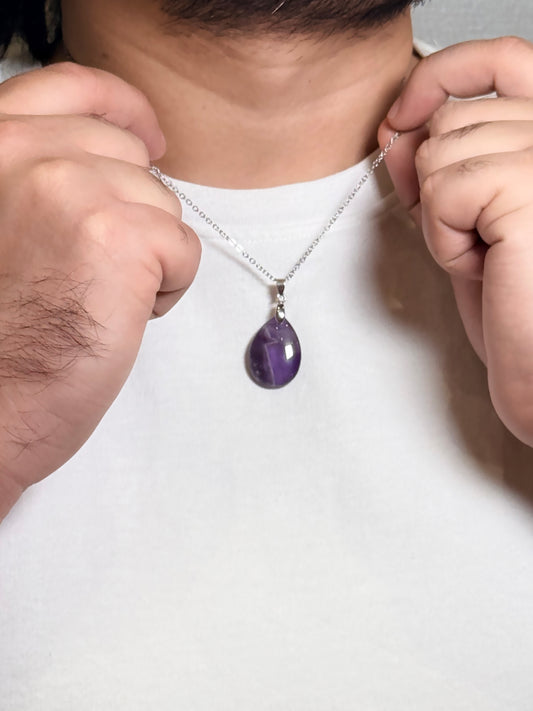 Amethyst Teardrop Pendant Men’s Necklace – Natural Purple Stone Necklace