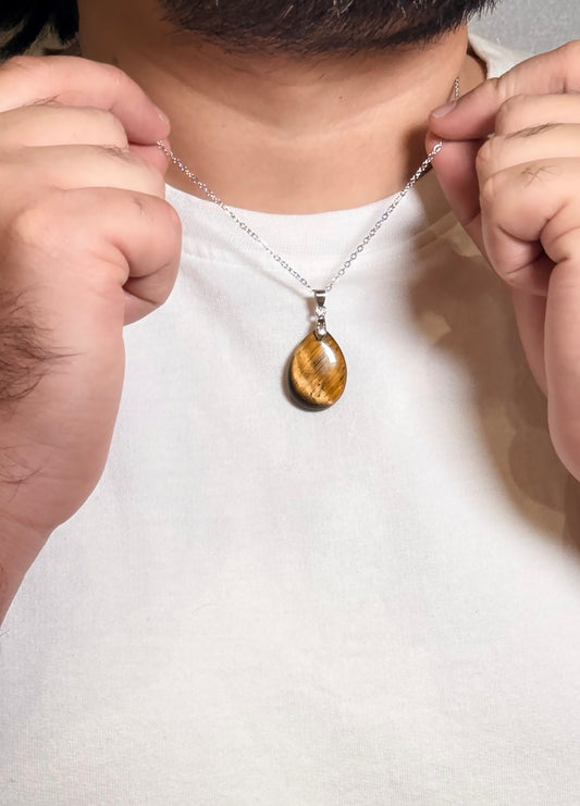 Tiger Eye Teardrop Pendant Men’s Necklace – Natural Golden Brown Stone Necklace