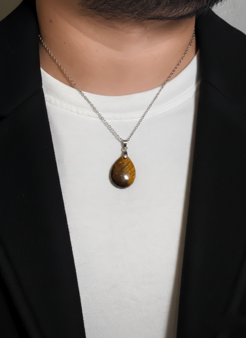 Tiger Eye Teardrop Pendant Men’s Necklace – Natural Golden Brown Stone Necklace