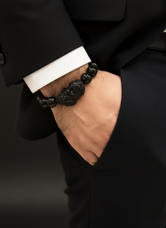 Close-up of a hand wearing a black beaded bracelet with a dark suit background