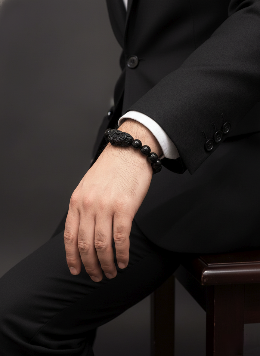 Person wearing a black beaded bracelet on a dark background