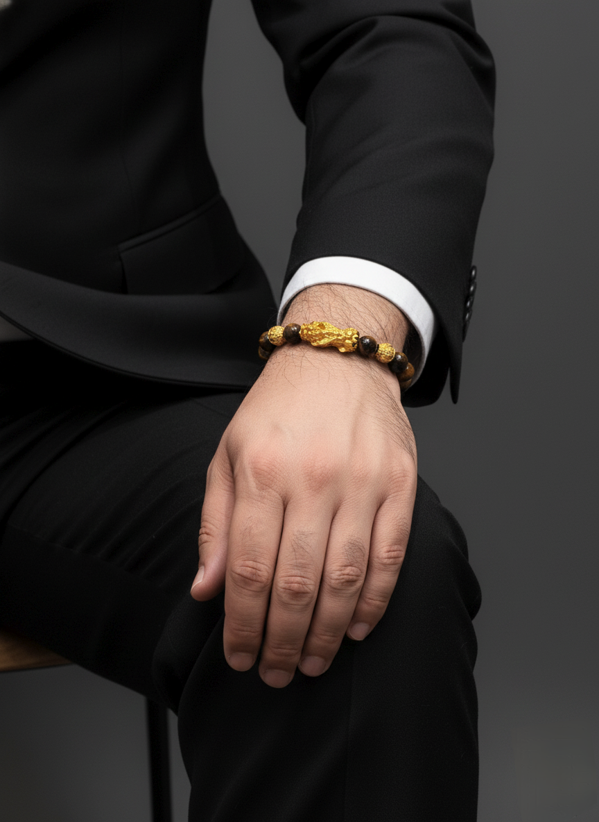 Person wearing a black suit with a gold bracelet on a dark background
