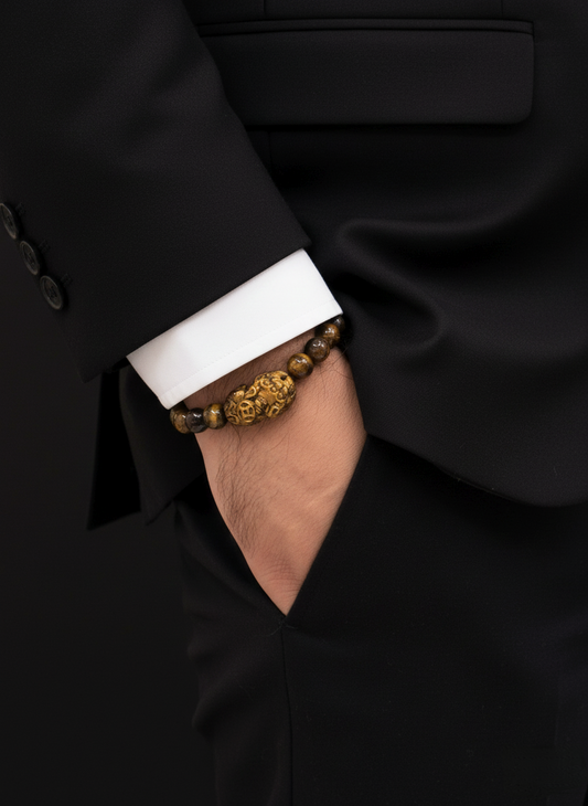 Tiger Eye Beaded Bracelet with Gold Pixiu Charm – Unisex
