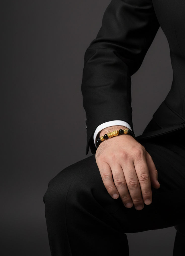 Black Onyx & Lava Stone Bracelet with Gold Dragon Charm – Unisex