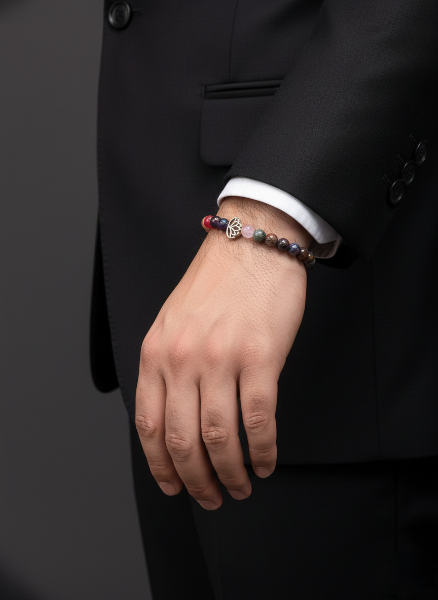 Multi-Stone Beaded Bracelet with Lotus Charm – Unisex Design