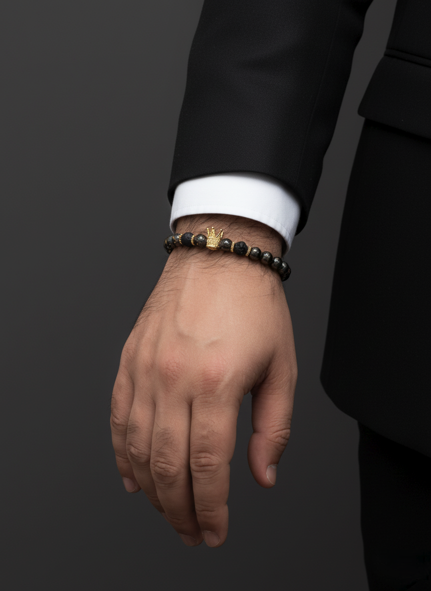 Lava Stone & Hematite Bracelet with Gold Crown Accent – Unisex Style