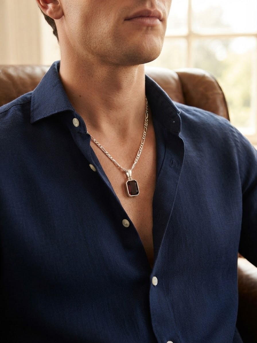 The Garnet Dominion – Garnet Men’s Necklace in 925 Sterling Silver