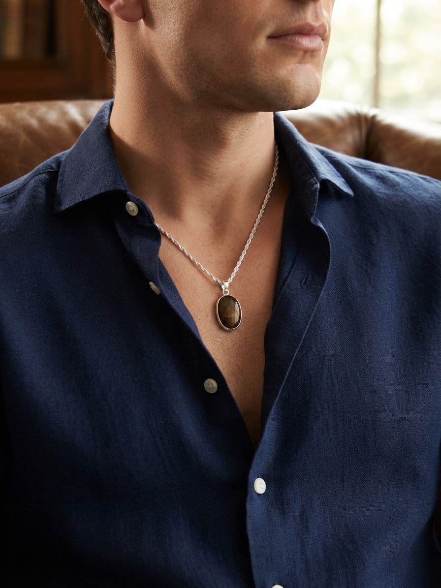 Emberline Tiger Eye Men’s Necklace – 925 Sterling Silver