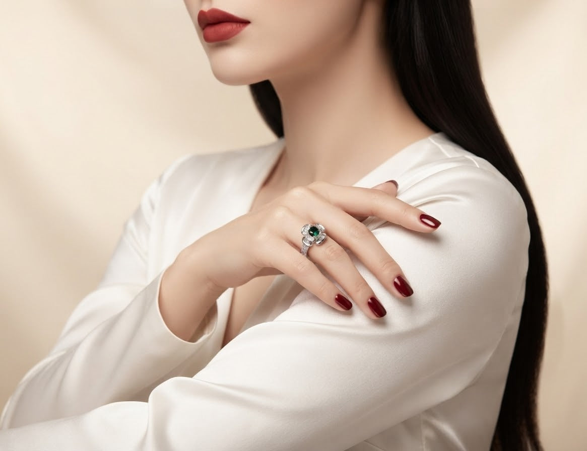 A close-up lifestyle shot of a model wearing a silver ring with a green and clear gemstone, styled with dark red nail polish and a white satin top against a soft beige background.