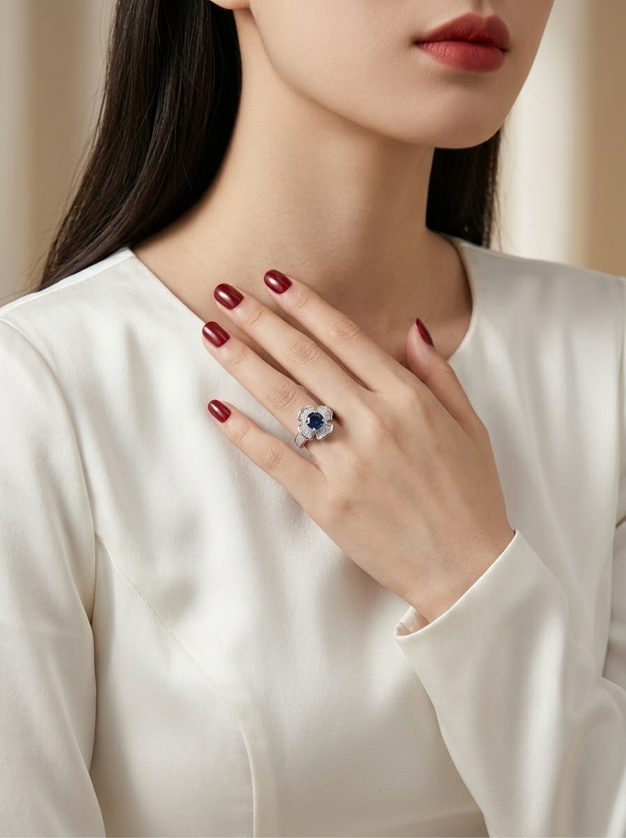 A close-up lifestyle shot of a woman wearing a silver ring with a dark blue oval center stone and small clear accent stones, styled with dark red nail polish on her hand against a soft beige background.