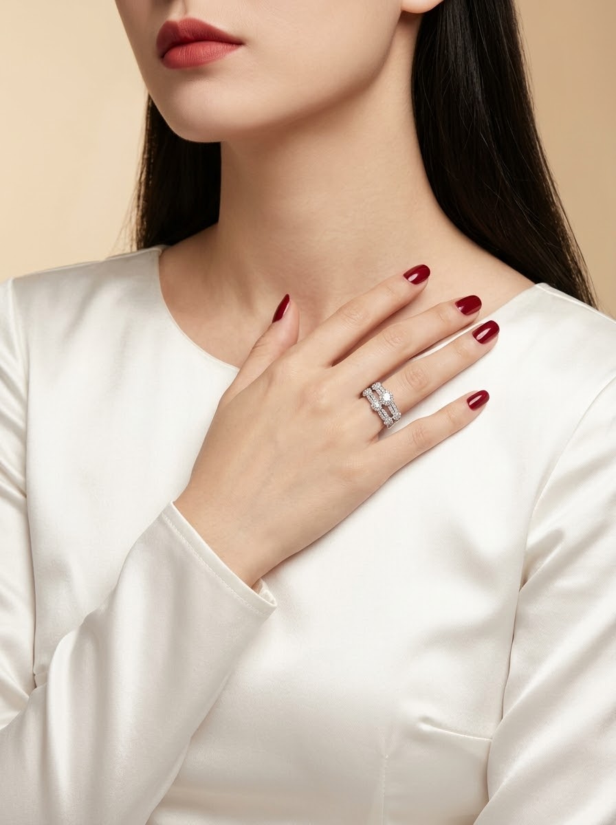 A close-up of a woman wearing a silver ring with clear gemstones on her finger, dressed in a white satin top against a warm beige background.