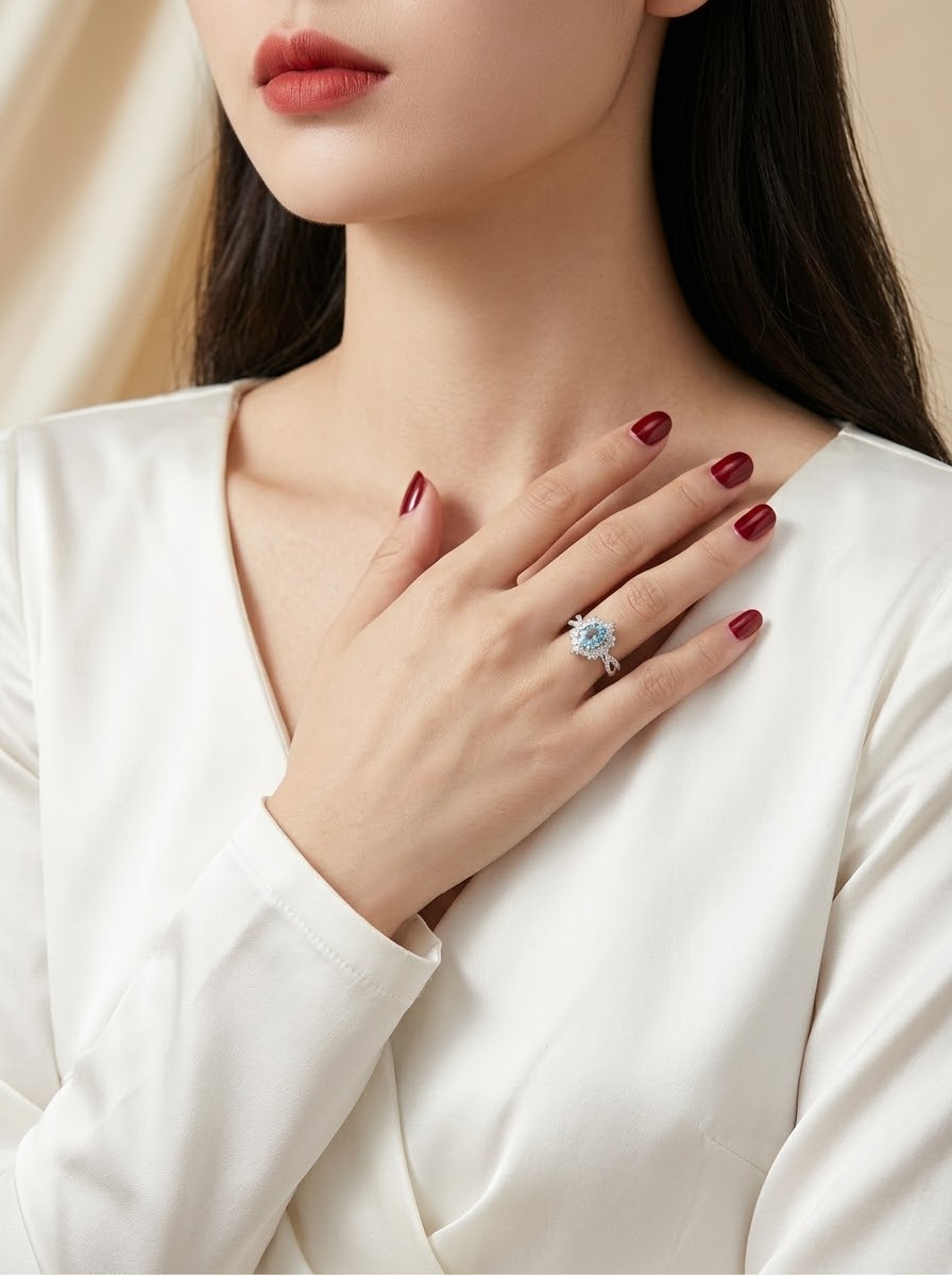 A close-up of a woman wearing a white satin top, showcasing a silver ring with a light blue gemstone on her finger. Her hand is resting on her chest, and the background is a soft, warm beige fabric.