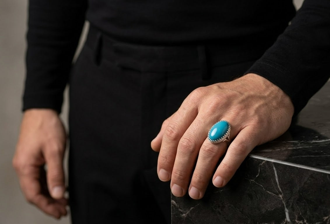 A close-up of a person's hand resting on a dark marble surface, wearing a silver-toned ring with a prominent oval turquoise stone.