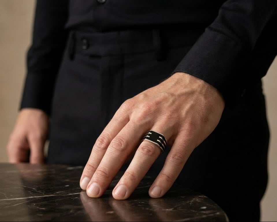 Midnight Obsidian Edge Ring for Him – 925 Sterling Silver