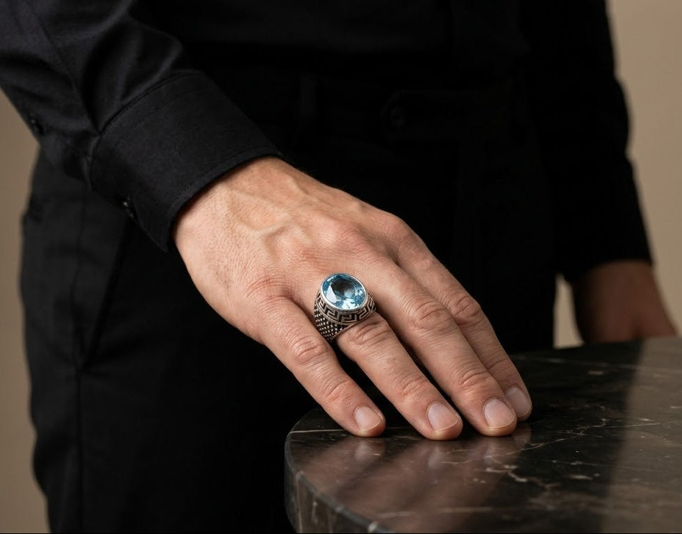 Ocean Majesty Blue Topaz Ring for Him – 925 Sterling Silver