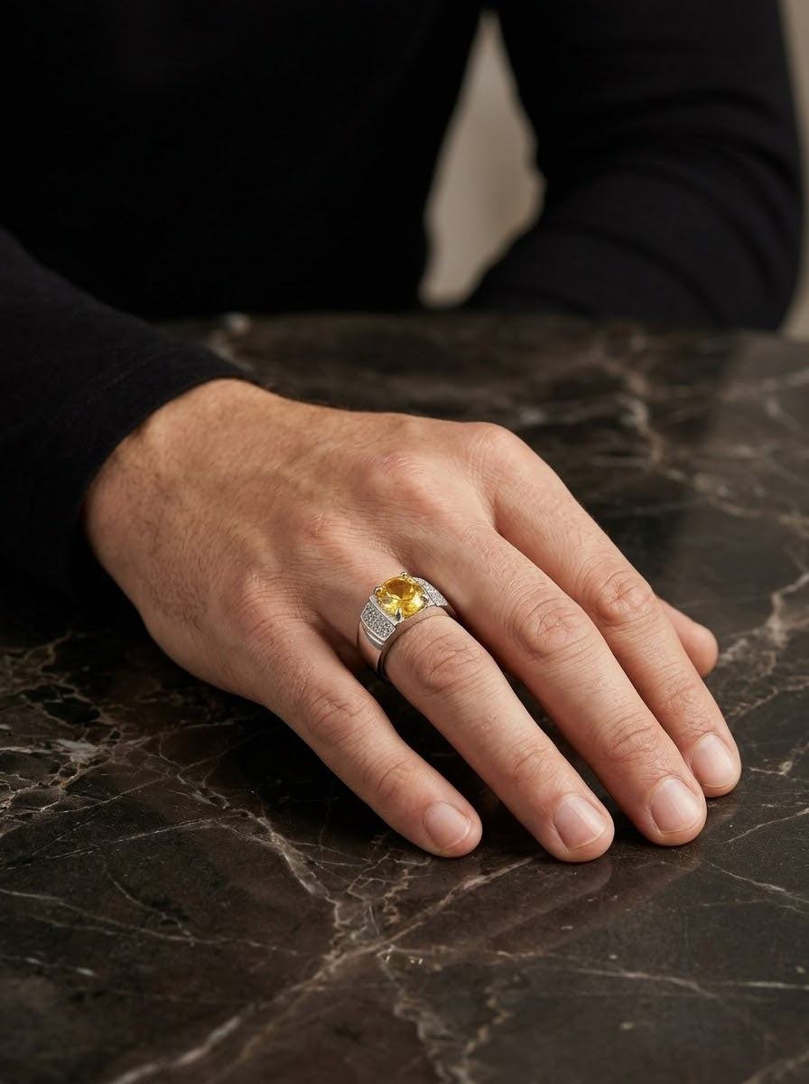 Golden Radiance Yellow Moissanite Men’s Ring – 925 Sterling Silver