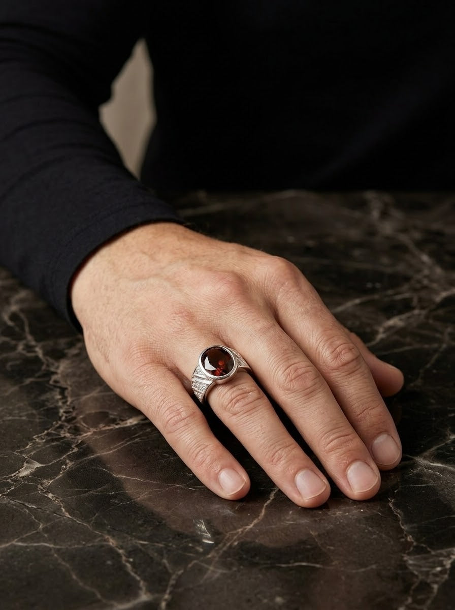 Royal Garnet Crest Men’s Ring – 925 Sterling Silver