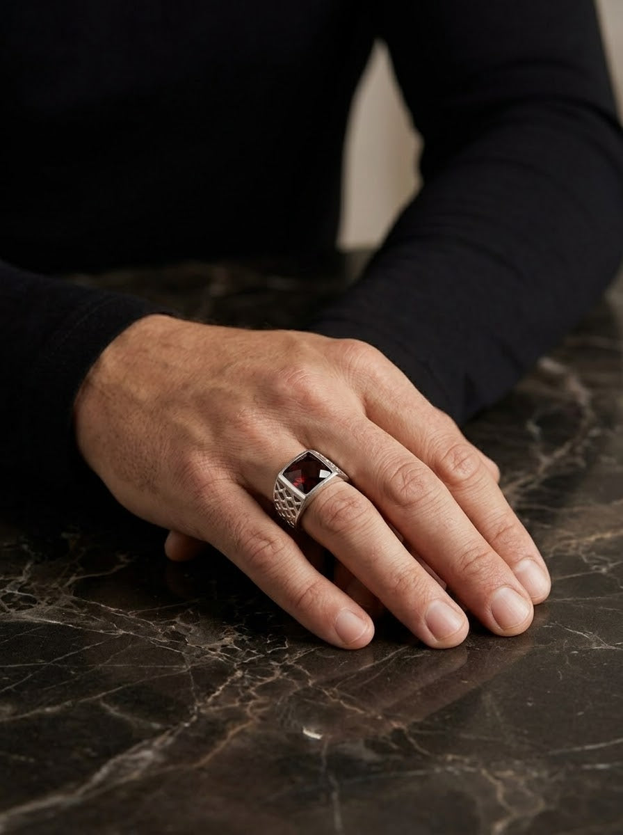 Garnet Sovereign Men’s Ring – 925 Sterling Silver