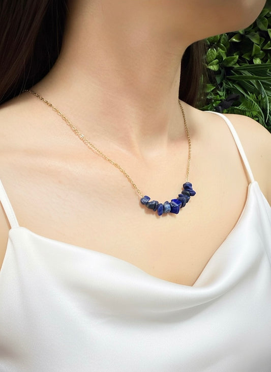 gold plated lapis lazuli crystal chip necklace on model
