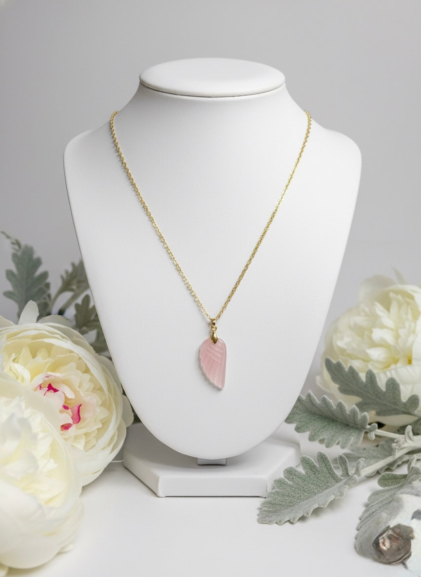 gold plated rose quartz wing necklace for emotional healing