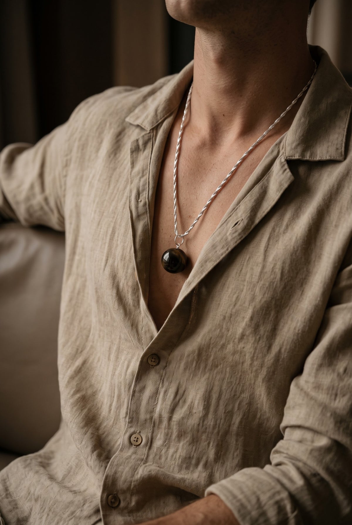 Obsidian Ember Tiger Eye Men’s Necklace – 925 Sterling Silver