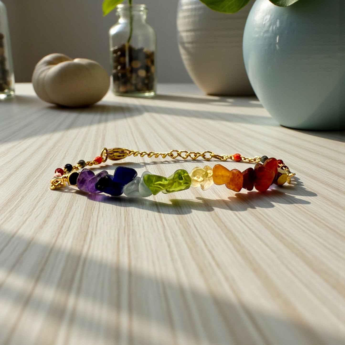 chakra stones bracelet with gold chain