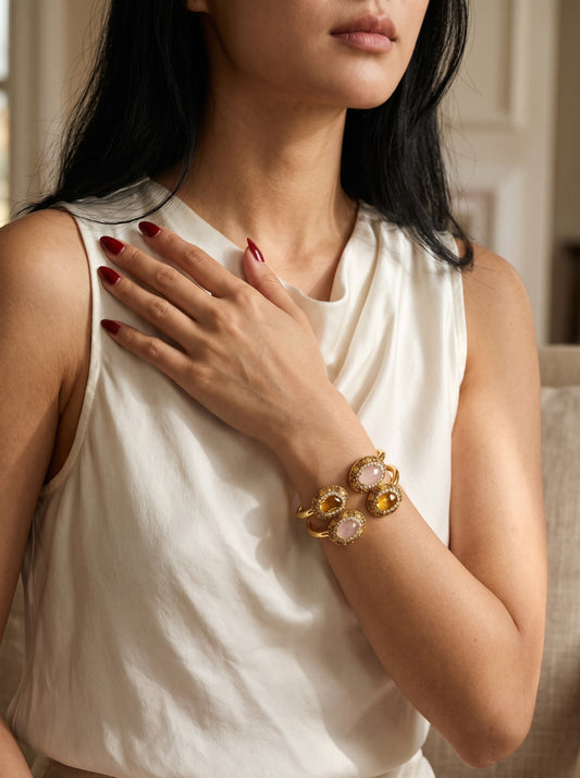 Golden Embrace – Citrine & Rose Quartz Gold-Plated Cuff Bracelet for Women