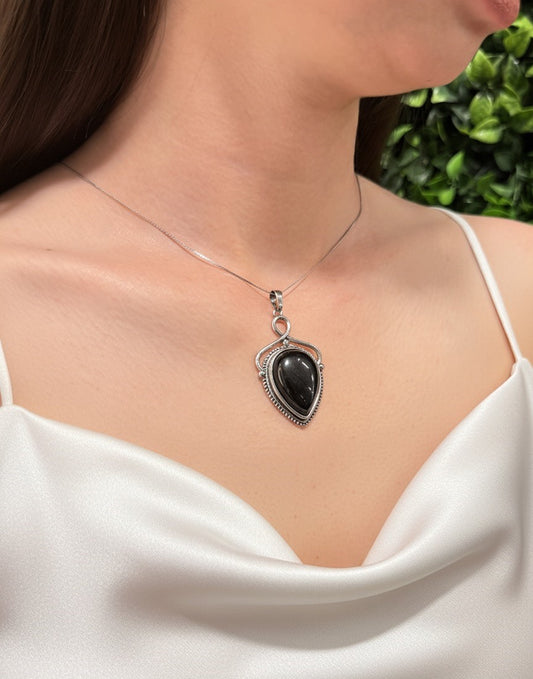 silver plated black obsidian necklace close up