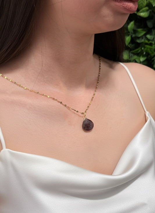 amethyst teardrop necklace on model
