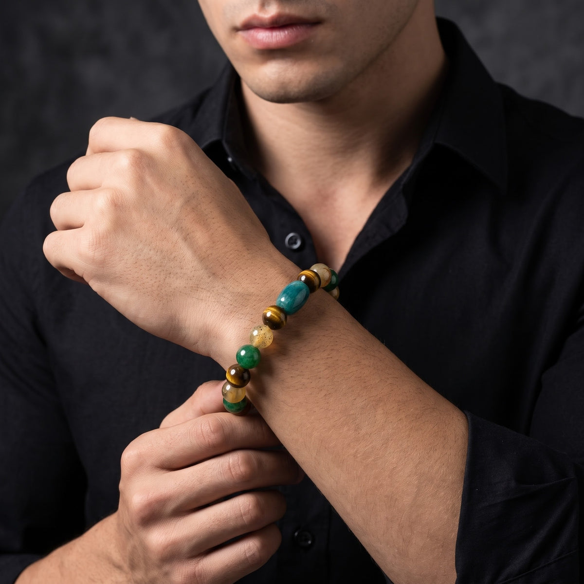 Verdant Monarch – Peacock Agate, Tiger Eye & Green Onyx 925 Sterling Silver Bracelet for Men